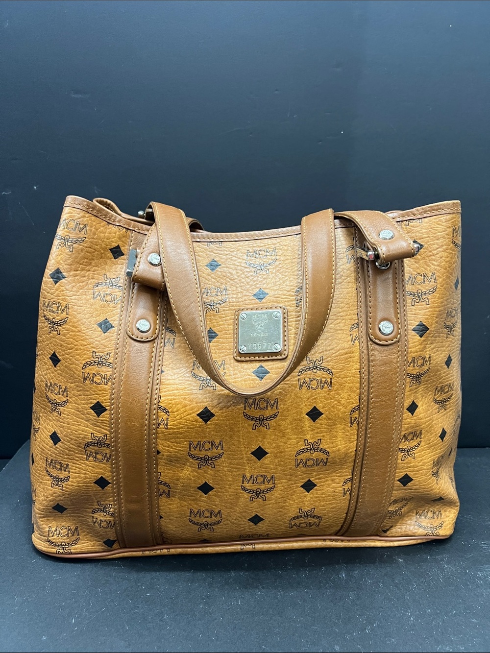 MCM Cognac Brown Visetos Logo Tote
